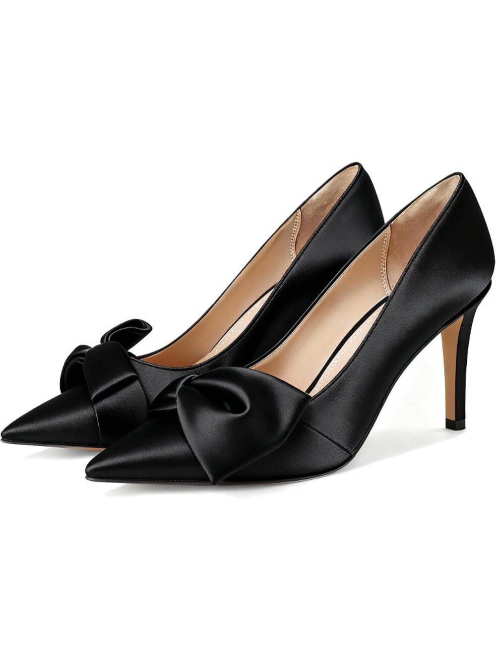 Women's Satin-Black Bow Heels Closed Pointed Toe Pumps Stiletto Heels Slip On